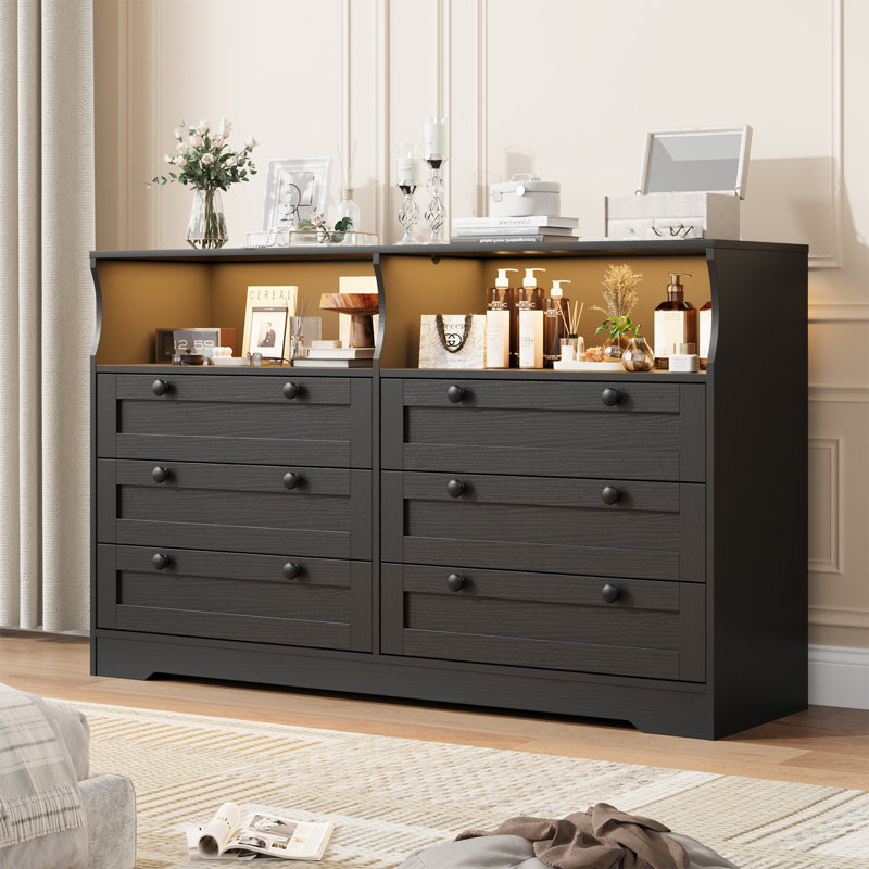 Modern 6-Drawer Dresser with LED Lights and Power Outlet – Wooden Storage, TV Stand for Bedroom, Black