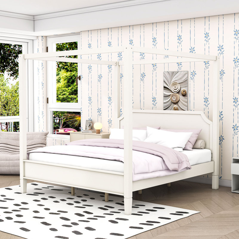 Lit plateforme en bois avec tête de lit, King, Cream White
