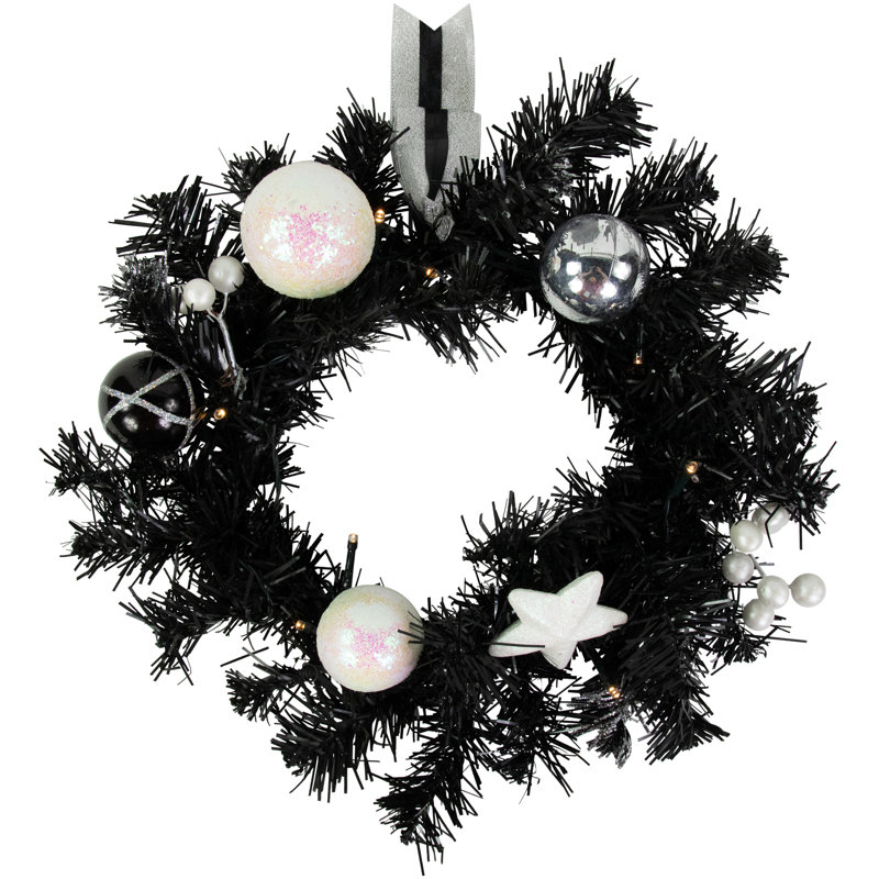 Couronne de Noël pré-éclairée à DEL en pin noir à piles - 16 po - lumières blanches fraîches