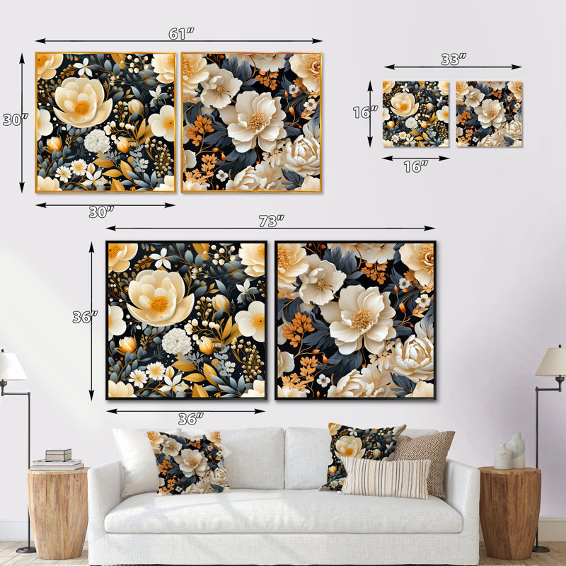 Magnifique Magnolia Blooms IV - ensemble de 2 collages floraux carrés, Cadre flottant noir, H 30 po x l 61 po