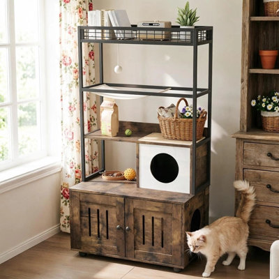 Enceinte de litière pour chat avec rangement, litière cachée en bois avec griffoir, brun