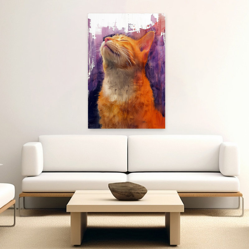 «Blissful Orange Cat», art abstrait coloré, chat rêveur, 60" H x 40" W
