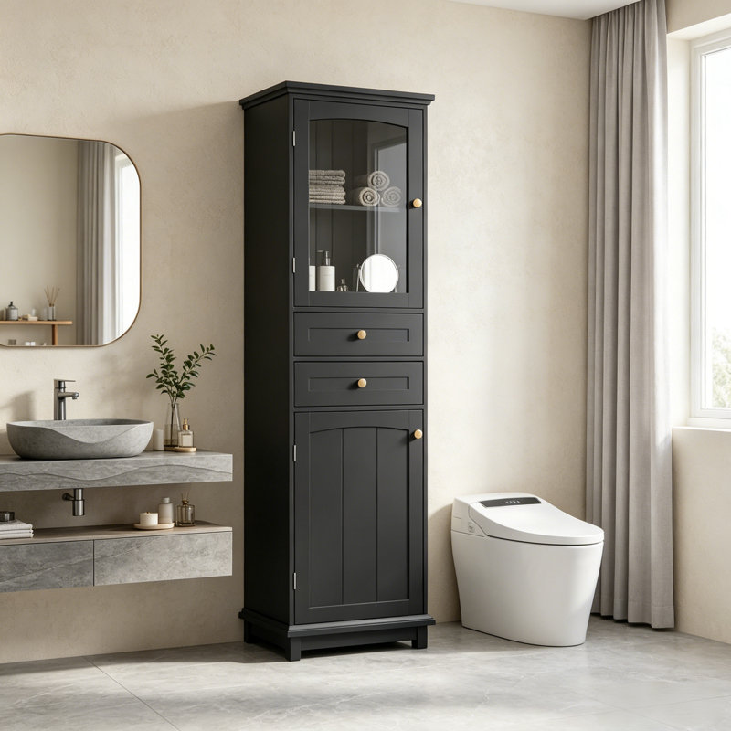 63" Tall Bathroom Storage Cabinet, Black