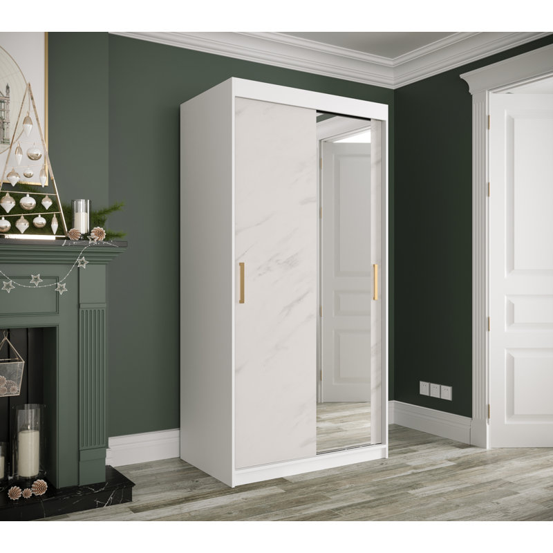Blerata 2 Door Manufactured Wood Wardrobe, White Matt/White Matble, 200cm H x 100cm W x 62cm D