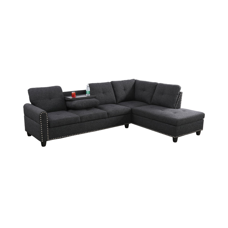 Canapé modulaire en L de 97,5 po de largeur Budapest, Orienté à droite, Noir 100% lin