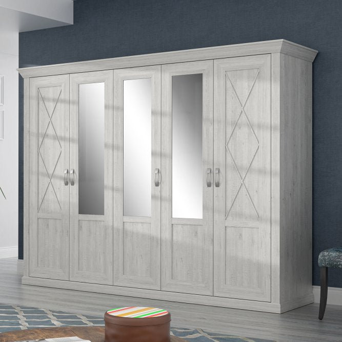 Kashmir 5 Door Mirrored Wardrobe in White Pine, 269 cm