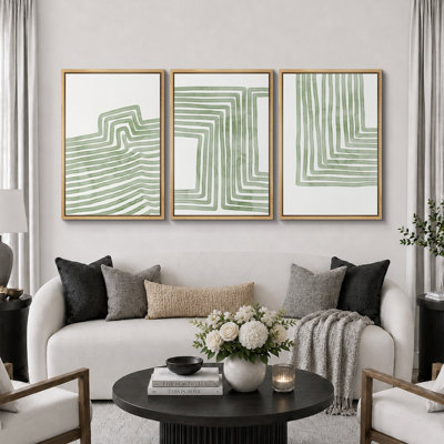 «Lin», art géométrique linéaire rayé vert doux, images murales minimalistes abstraites biologiques modernes, impression sur toile encadrée, 3 pièces, art mural: 16 po x 24 po x 3 pièces, 24 po x 36 po x 3 pièces