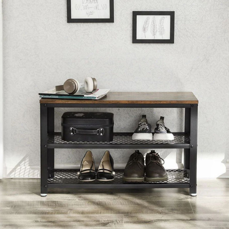 8 Pair Shoe Storage Bench, Rustic Brown/Black