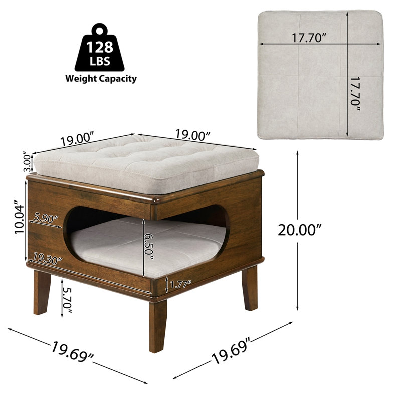 Repose-pieds en caoutchouc pour chat en bois d'hévéa, repose-pieds capitonné pour animaux 2 en 1 avec caverne pour chat, repose-pieds multifonctionnel avec cachette pour chat