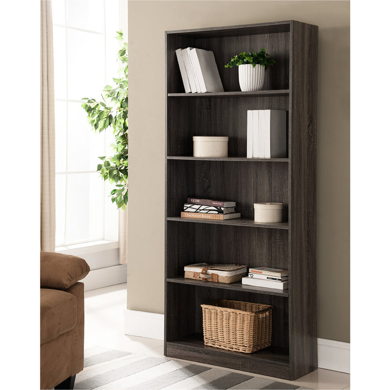 Vitrine à cinq tablettes en bois avec moulure de couleur gris