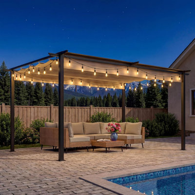 Pergola en aluminium de 3 m x 4 m avec auvent rétractable, pergola extérieure avec pare-soleil et guirlande lumineuse DEL de 15 m.