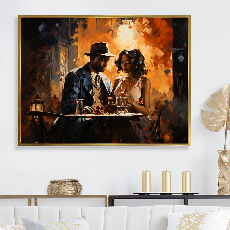 Harlem Renaissance Rendez-vous romantique - art mural Harlem Renaissance, Cadre flottant doré, 12" H x 20" W