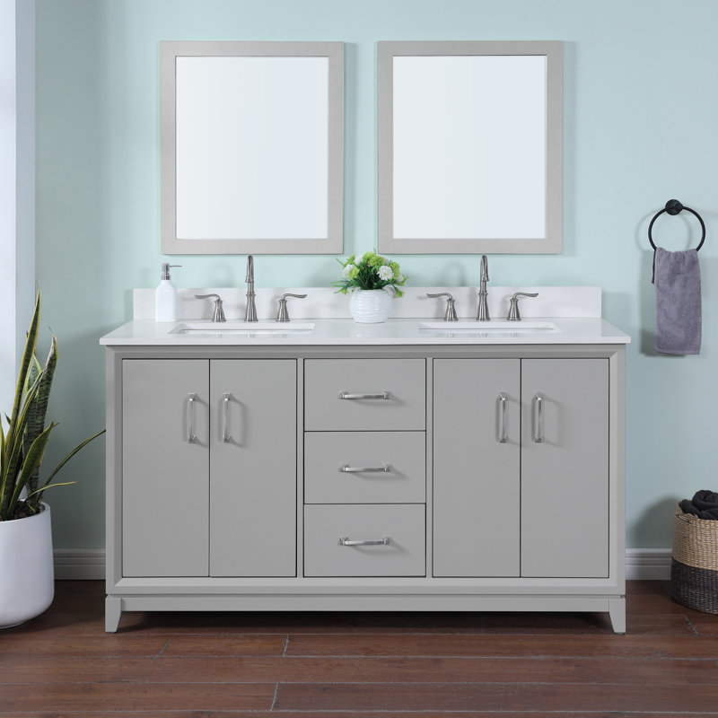 Meuble-lavabo double 60 po Luton avec comptoir en quartz blanc, lavabo et dosseret. Gris moderne. Pré-assemblage