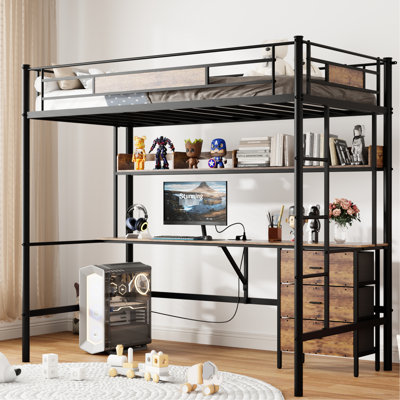 Brown Twin Bed Loft With L - Shaped Study Area, Charging Station, 3 Fabric Drawers, Shelf, Rail, Strong Metal Frame, Under Storage & Ample Space Desk And Spot, Shelving System, Guardrail, Heavy Duty