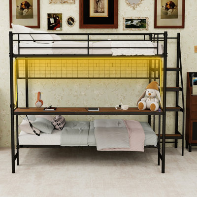 Lit superposé double au-dessus d'un lit simple avec bureau intégré et éclairage à DEL, noir