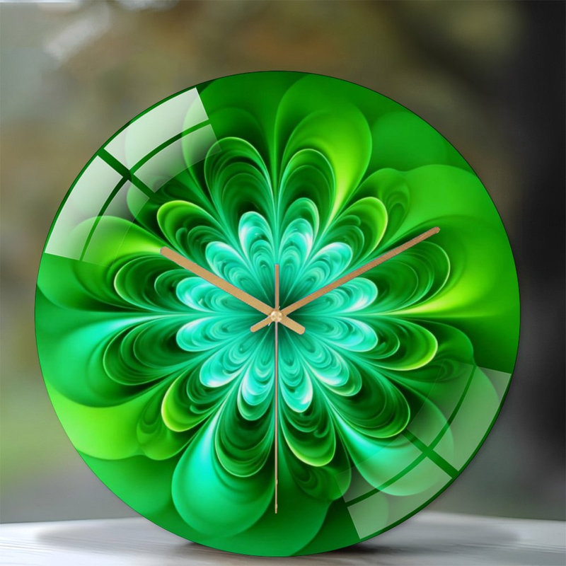 12" Round Tempered Glass Wall Clock with Silent Quartz Movement, Neon Green