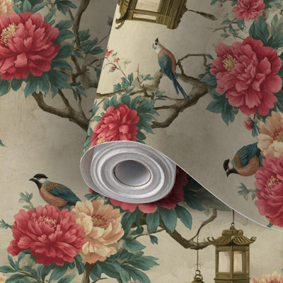 Papier peint auto-adhésif à peler et à coller avec pampilles élégantes à motif floral chinoises auto-adhésives et amovibles 17,7 po x 118 po (45 x 300 cm)