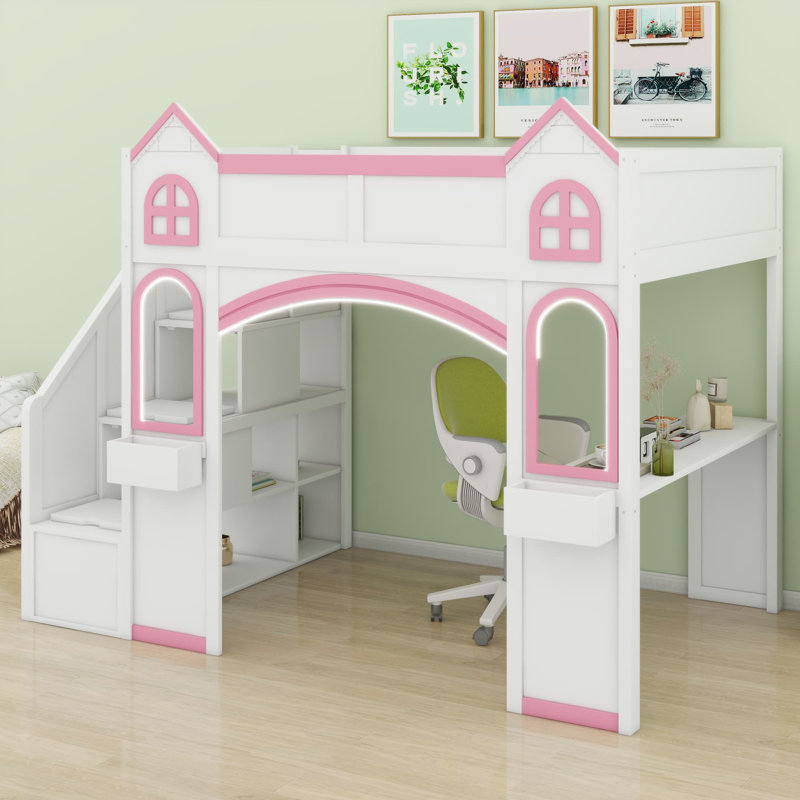 Lit mezzanine en bois pour enfants avec escalier de rangement, bureau, fenêtres, tablettes et lumières DEL pour enfants