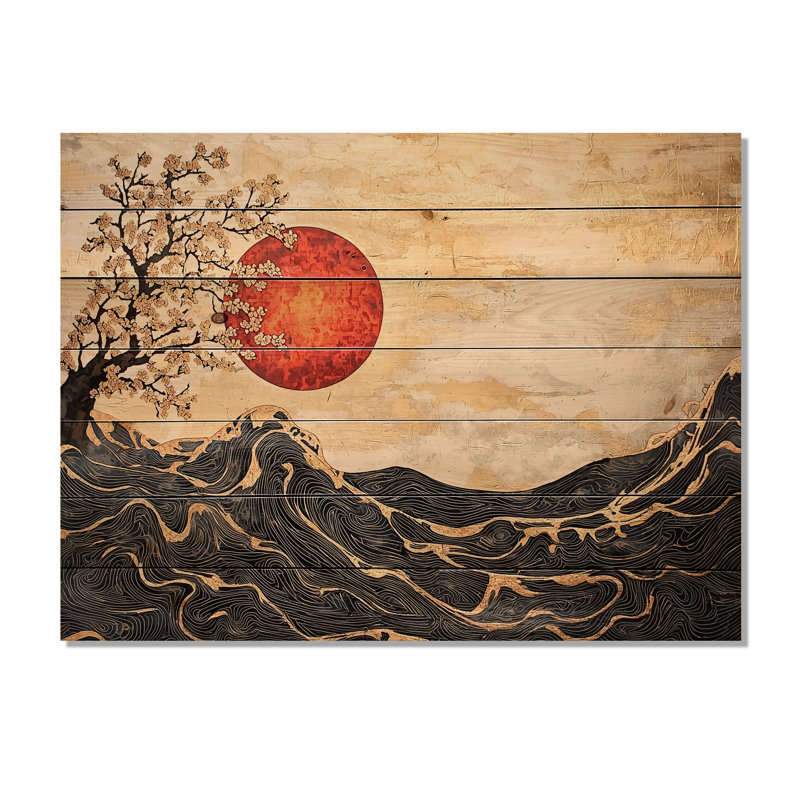 Soleil éternel du paysage japonais III - Art mural traditionnel en bois sur bois de pin naturel, H 34 po x l 44 po