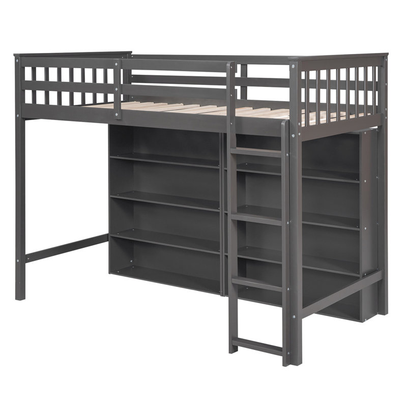 62.2''H Wooden Loft Bed with Storage Shelves,Space Saving Design Bed with Built-in Ladder, Twin, Gray