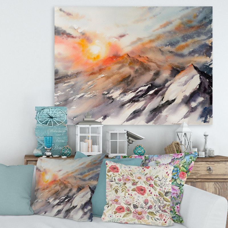«Majestic Sunset in the Mountains Landscape», peinture sur toile, Toile tendue, H 24 po x l 32 po x P 1 po
