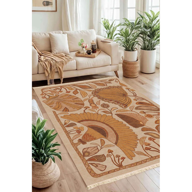 Boho Gold Peacock Floral Area Rug