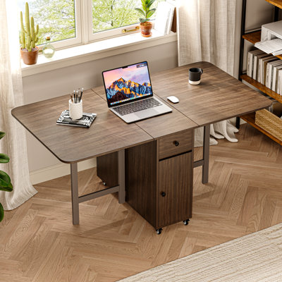 Aucune table d'assemblage requise, table de salle à manger pliante en noyer de 57 po pour petits espaces, table à rallonge rectangulaire en bois à rallonge avec roues verrouillables et rangement pour la cuisine, le salon et la salle à manger