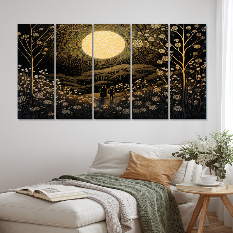 Arbres de pleine lune magiques campagne I - décoration murale forêt - 5 panneaux égaux