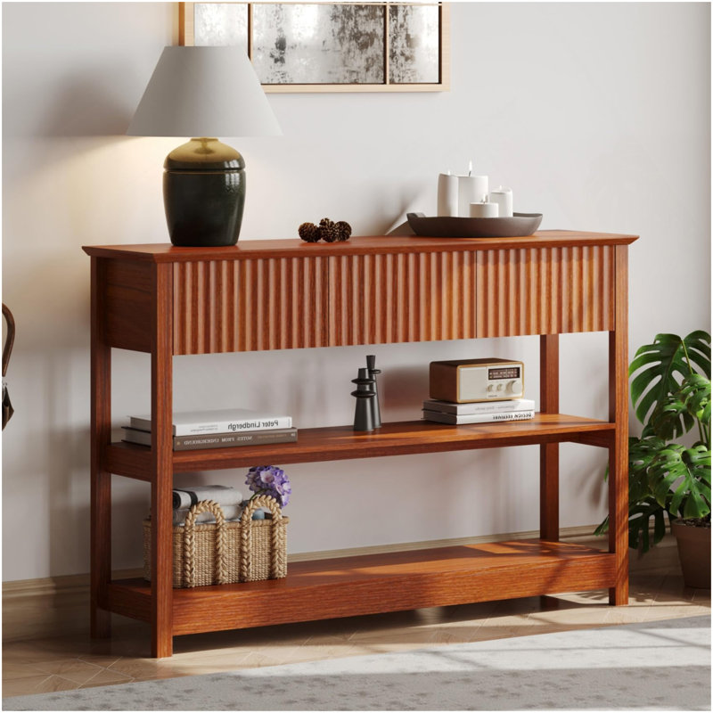 Console 47 po en MDF cannelé avec deux tiroirs et tablette de présentation, entrée / canapé élégant