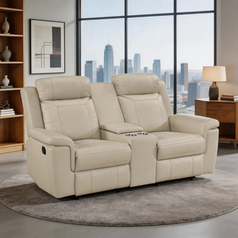 Causeuse inclinable manuelle en cuir fleur 75,5 "Elara avec console centrale, prises de courant intégrées et conception à fixation murale