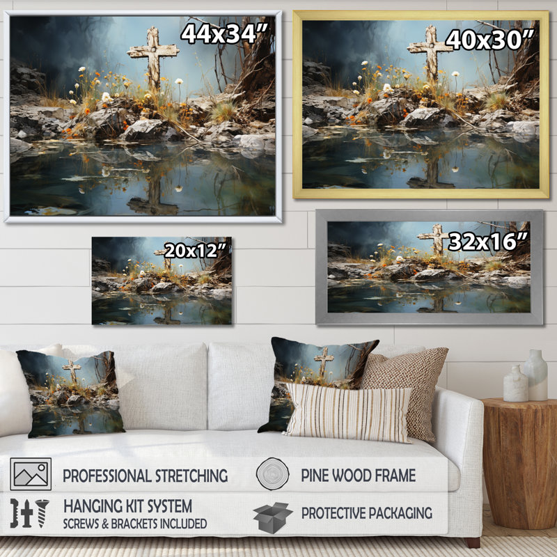Paysage de croix religieuse, reflet divin I, Cadre doré à une seule photo, H 34 po x l 44 po x P 1,5 po