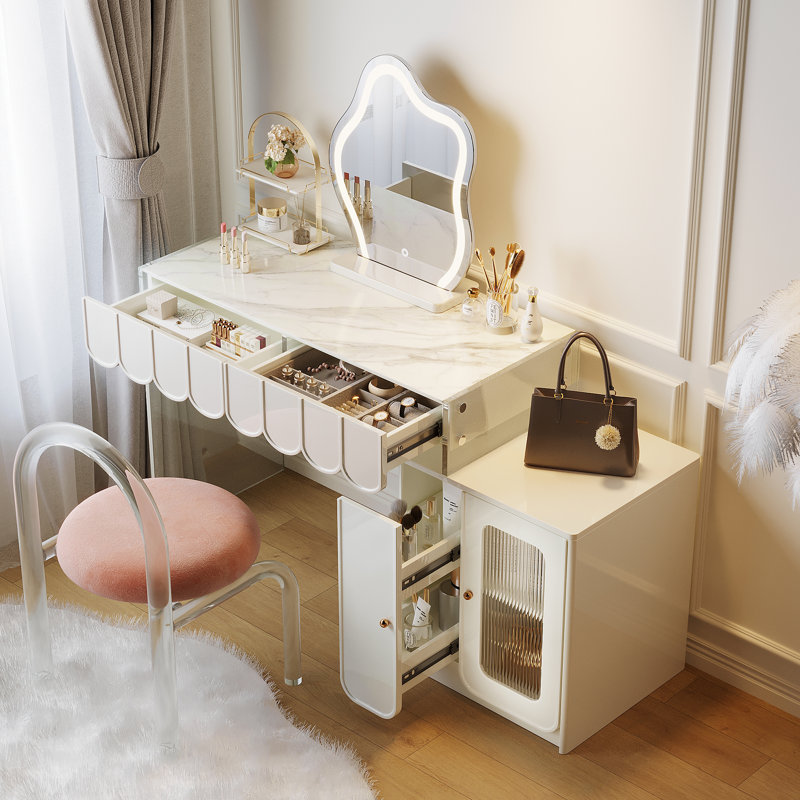 Pictor White Retractable Makeup Vanity with Drawers