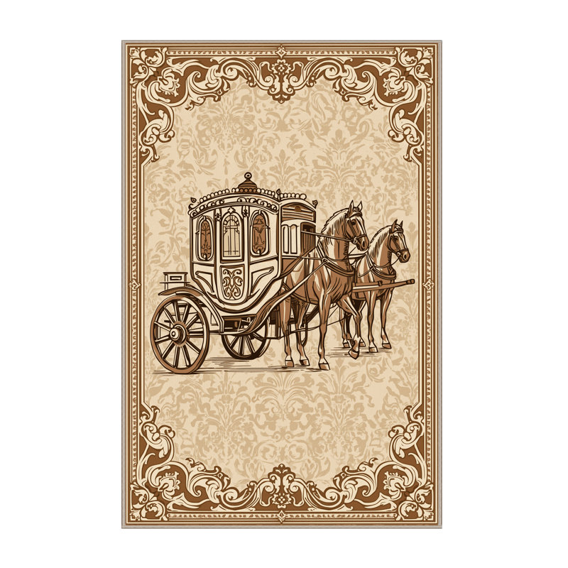 Machine Washable Maurice Horse Carriage Vintage Damask Rug in Beige – Beige Binding, 7x10