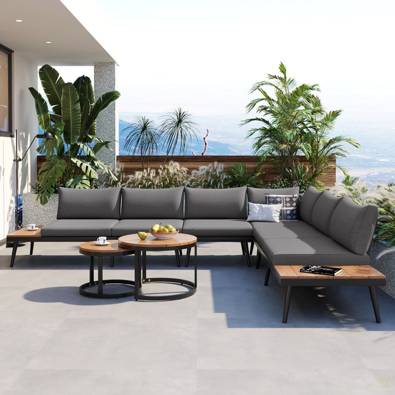 Ensemble de canapé modulaire d'extérieur avec tables basses gigognes rondes et canapé avec coussins pour patio, porche et jardin