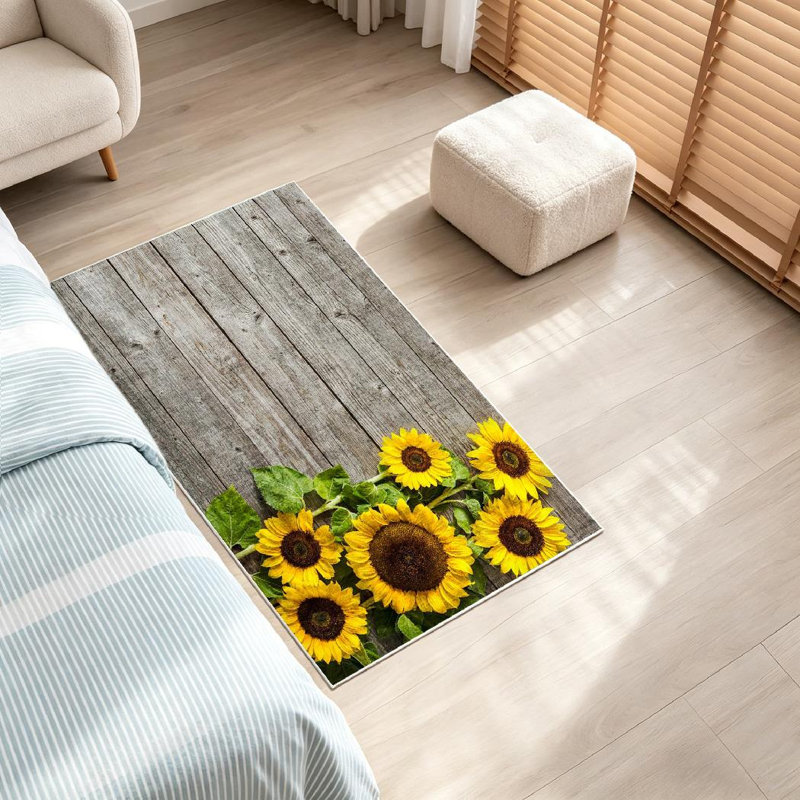 Tapis intérieur jaune tournesol jaune avec bordure en bois tournesol et bordure en bois