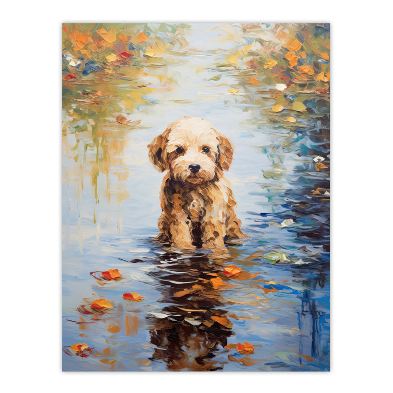 Cockapoo And Autumn Leaves In Lake Claude Monet Style Dog Oil Painting Large Wall Unframed Art Poster Print Thick Paper 18X24 Inch