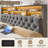  Upholstered Bed with Wood Frame, 4 Storage Drawers, Modern Bed Frame with Charging Station & LED Lights, Headboard Included,King/Gray-108946934-121934174