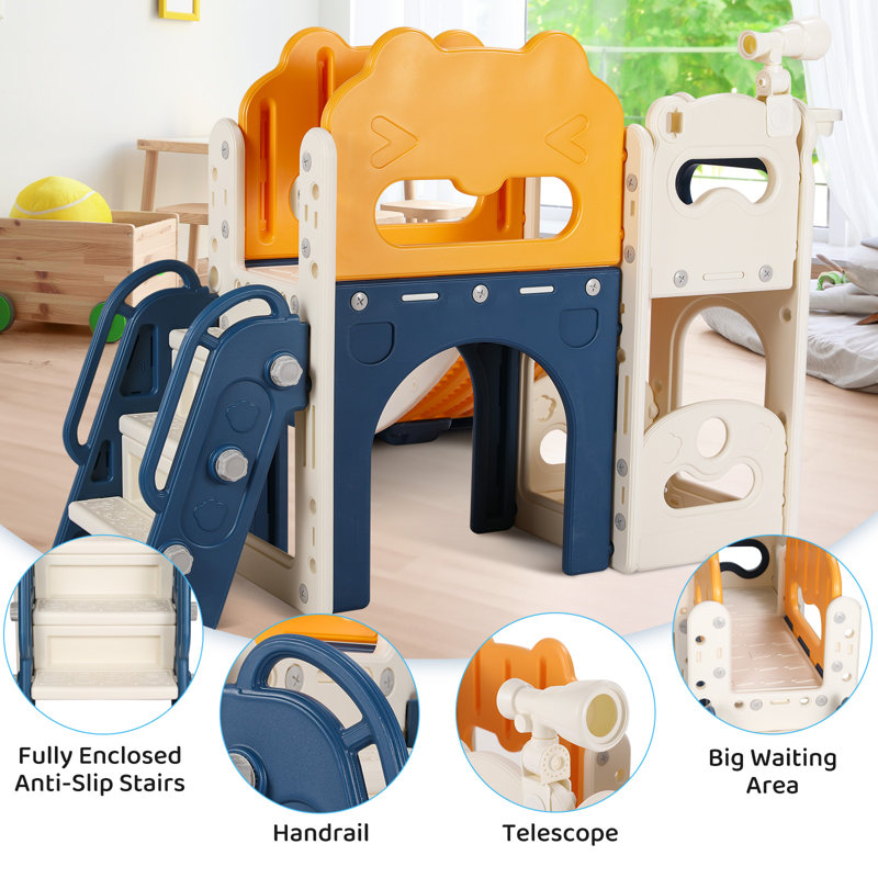8 in 1 Large Toddler Slide w/Long Slope, Enclosed Steps, Telescope, Basketball Hoop, Tunnel, Blue/Yellow