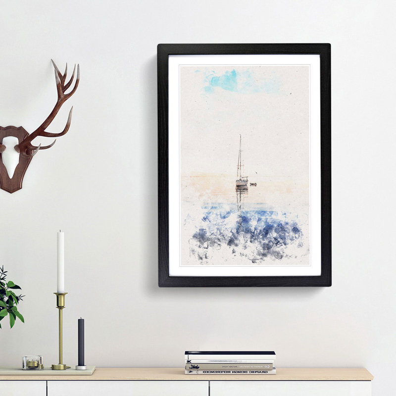 Lone Sailboat - Picture Frame Painting Print, 63cm H x 45cm W x 2cm D, Black Framed