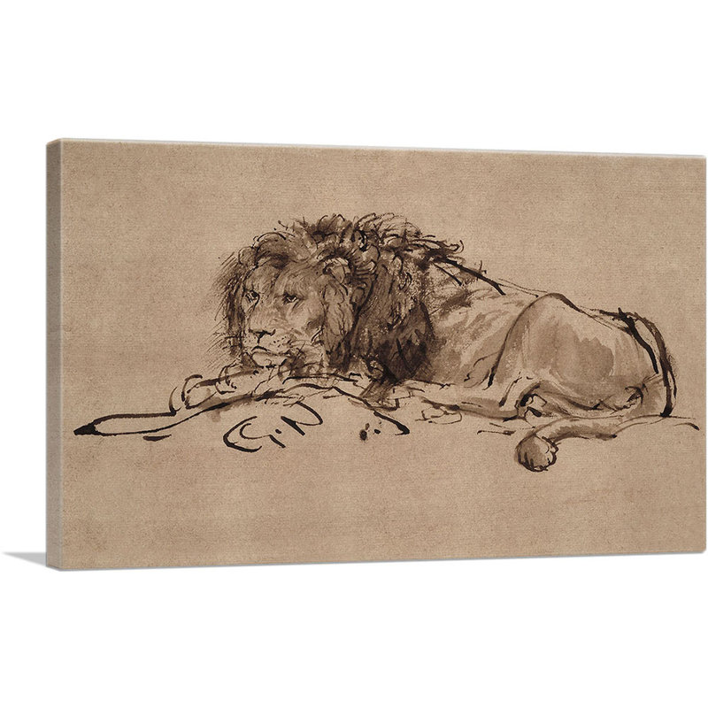 Un lion couché vers le bas par Rembrandt van Rijn, reproduction d'art sur toile tendue, H 12 po x l 18 po x 1,5 po