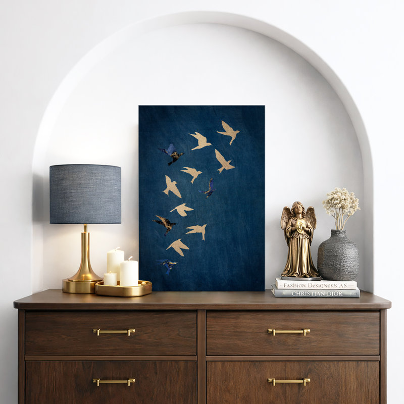 Oiseau volant indigo bleu marine, images de chambre à coucher minimalistes abstraites rétro, impression sur toile encadrée