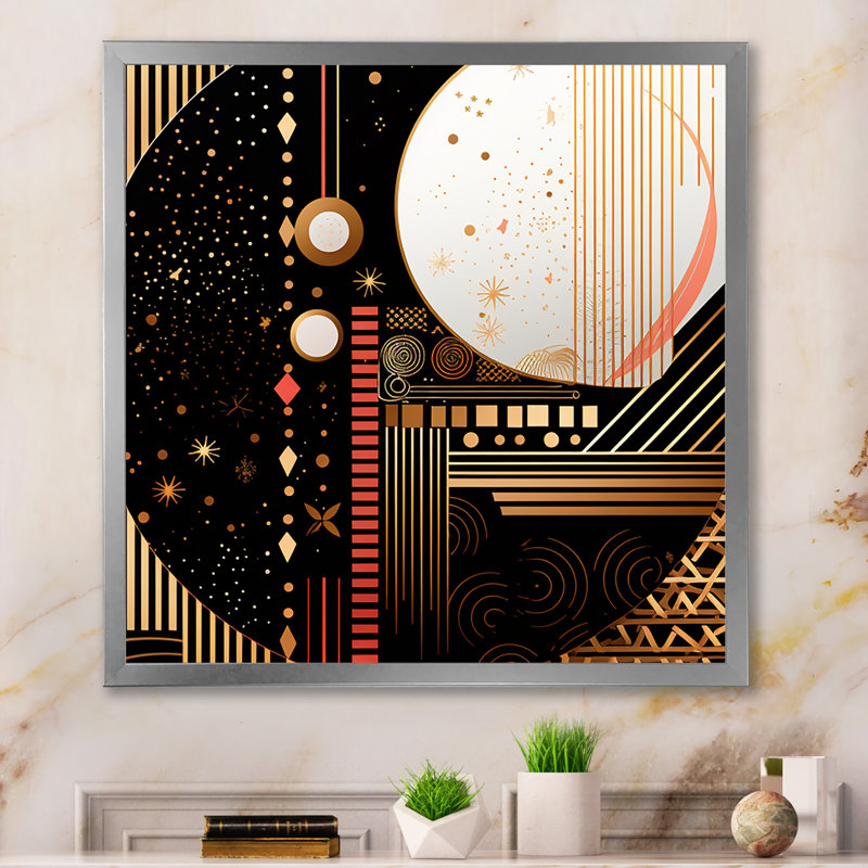 Golden Geometric Glam Full Moon - impression sur toile géométrique moderne, Cadre simple argenté