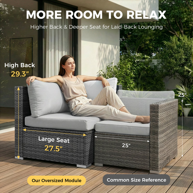 7-Piece Outdoor Rattan Sectional Conversation Set With Tables, Modular Patio Furniture Set With Cushio, Gray/Light Gray, No