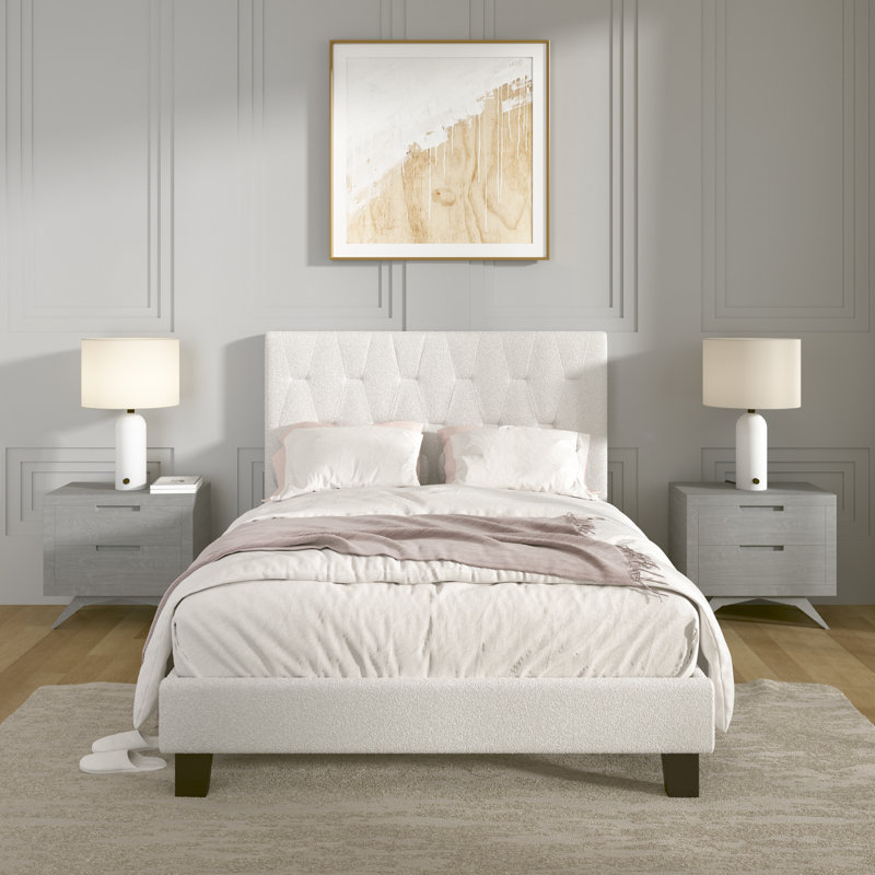 Lit plateforme tapissier en bois avec tête de lit Teddy, Grand lit, Blanc
