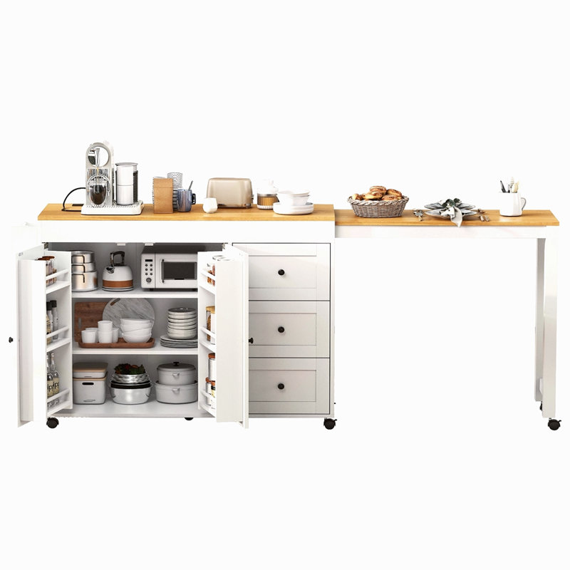 74.8" Kitchen Island With Extendable Dining Table, Kitchen Storage Cart With 3 Drawers, Power Outlet, Rolling Kitchen Island On Wheels With Spice Rack And 2 Door Cabinet, For Kitchen