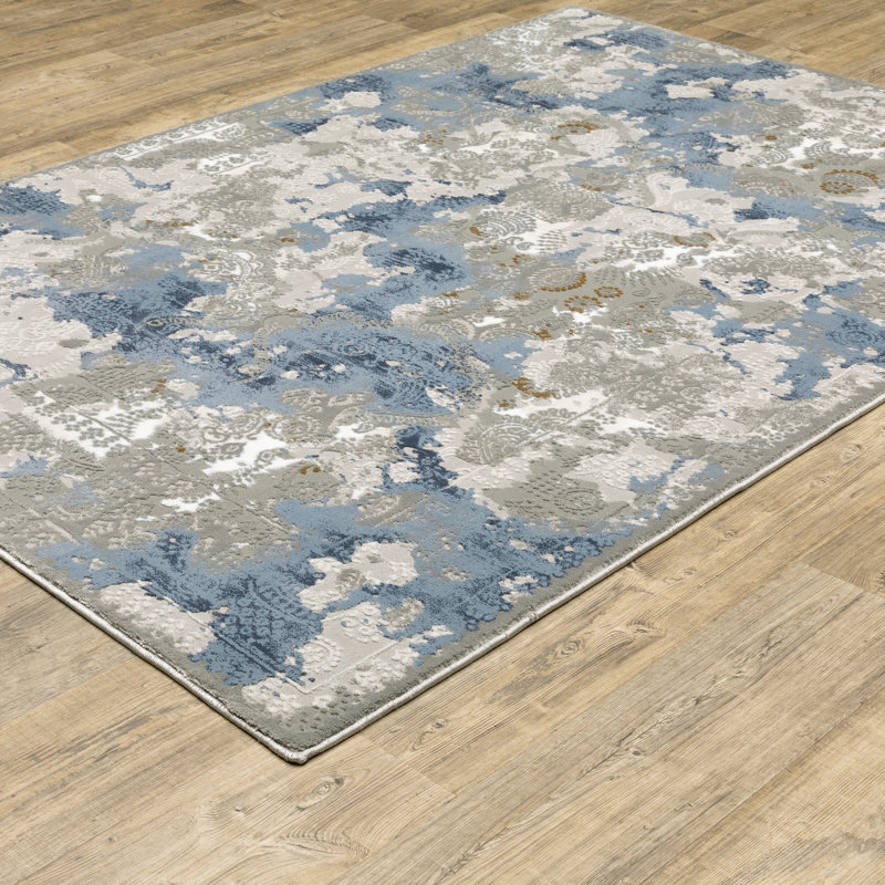 Tapis abstrait gris tissé à la machine 8 pi x 11 pi Guitta, Rectangle 3 pi 3 po x 5 pi