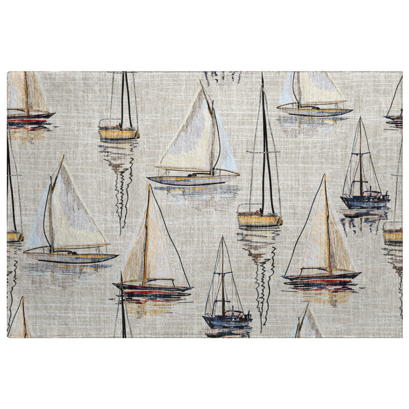 Premium Machine Washable Dream Shag ADS153 Sailboat Rug, Ivory, 2'6" x 3'10"