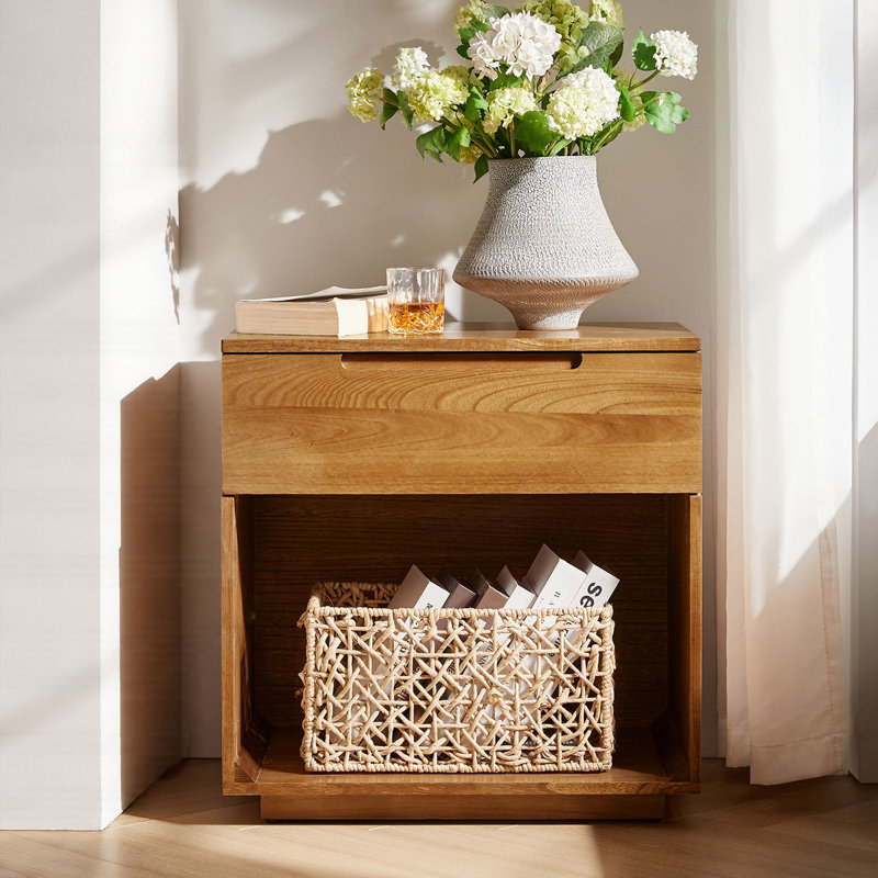 Wallburg Modern 1-Drawer Solid Wood End Table Fully Assembled and Built-In Outlet, Acorn