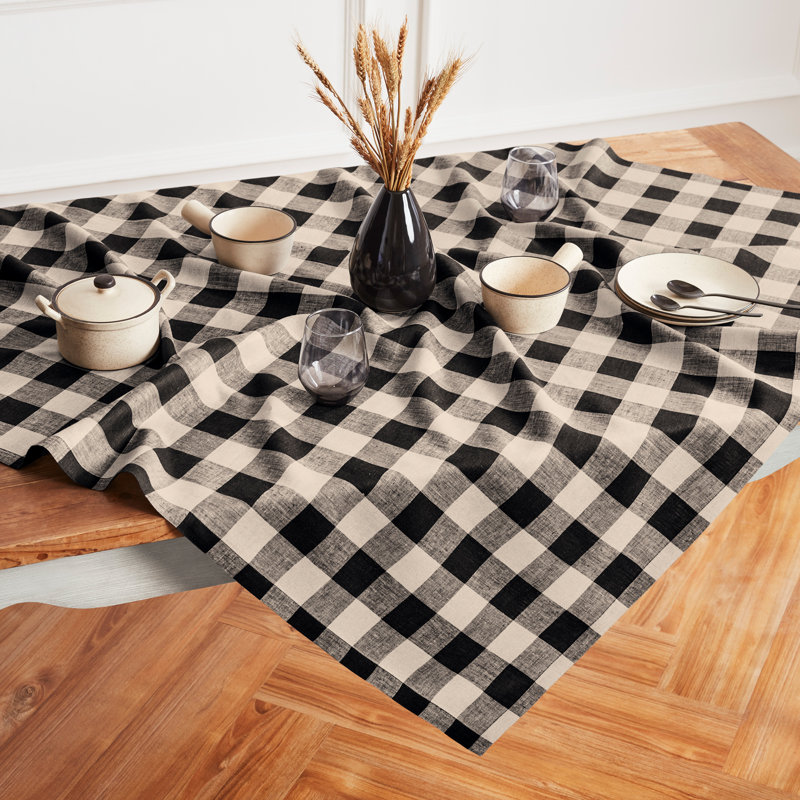 Fete - 100% Pure Linen Table Throw, Checkered, Natural/Black