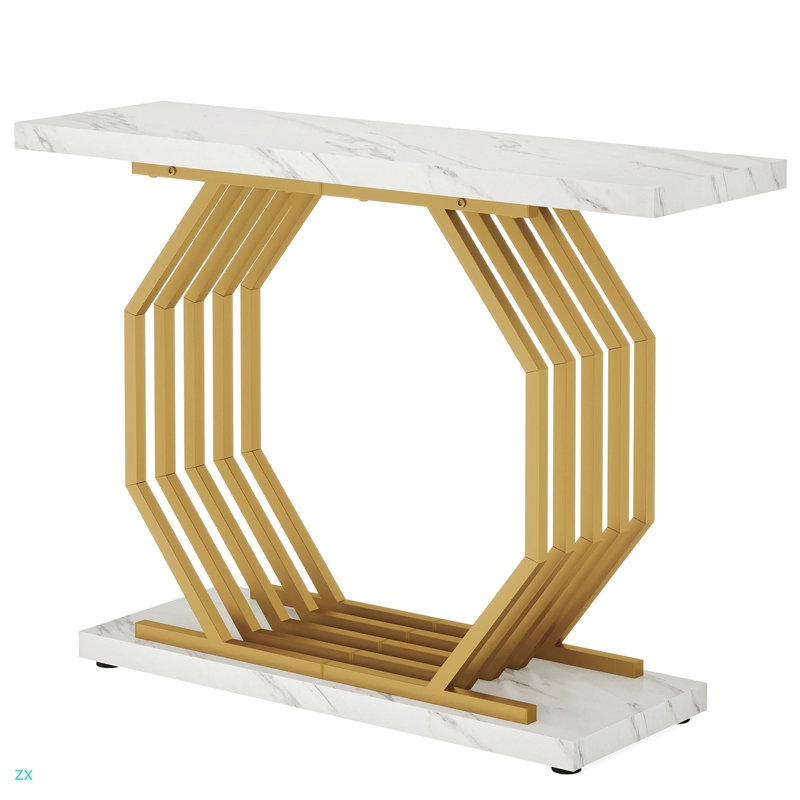 40”  Console Table, Faux Marble Entryway Narrow Sofa Table With Geometric Metal Base, Modern Accent Entrance Table For Living Room, Hallway, Foyer
